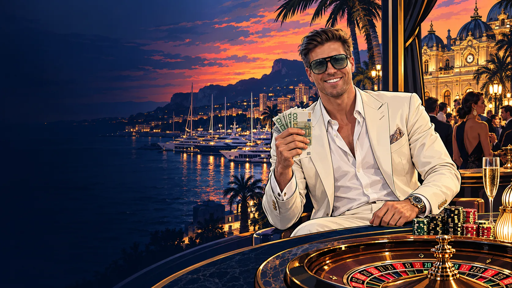 Illustration von Josh im weißen Anzug in einer Monaco-Casino-Szene